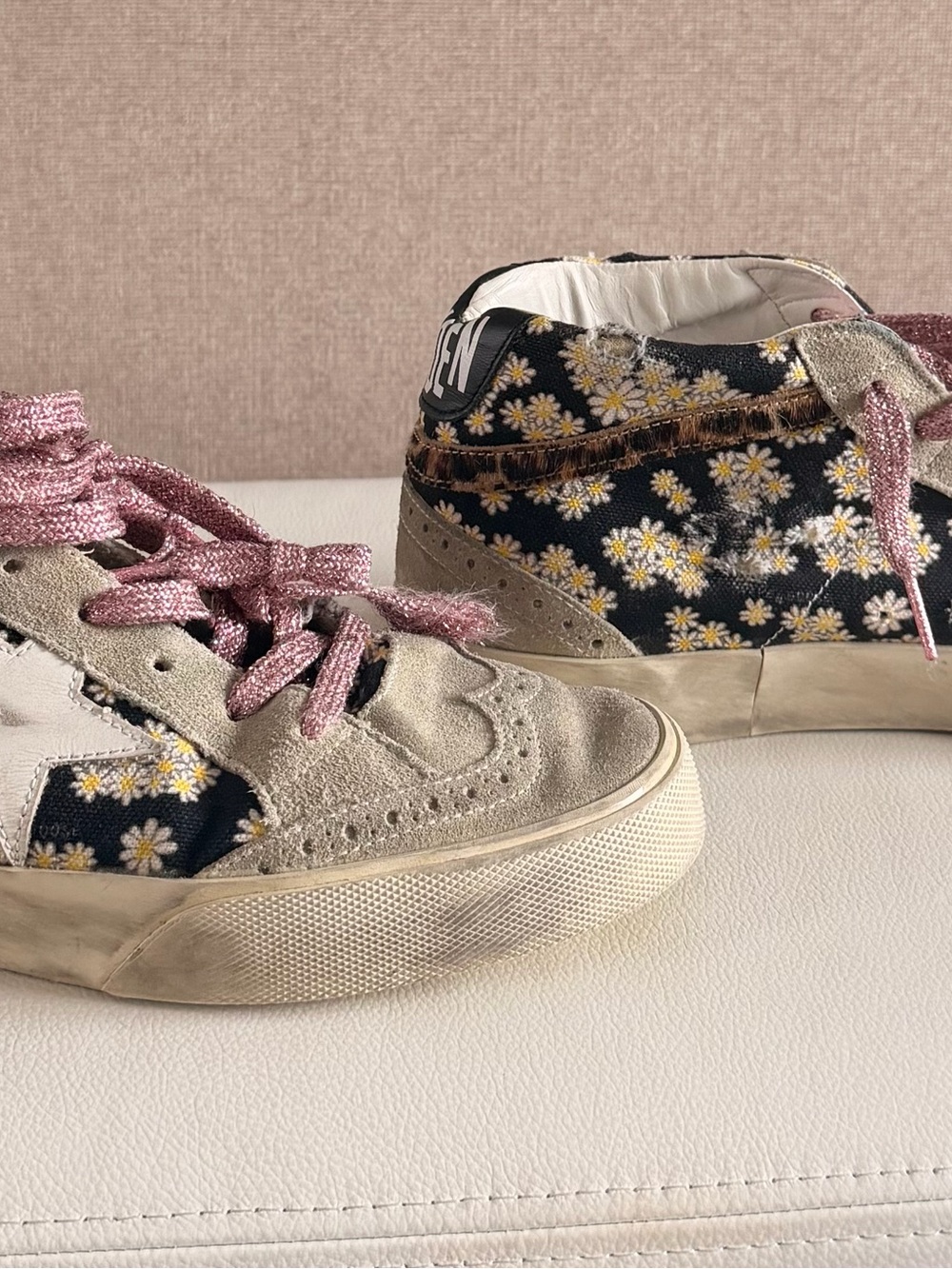 Golden Goose Women’s Daisy-Print High-Top Sneakers with Pink Laces